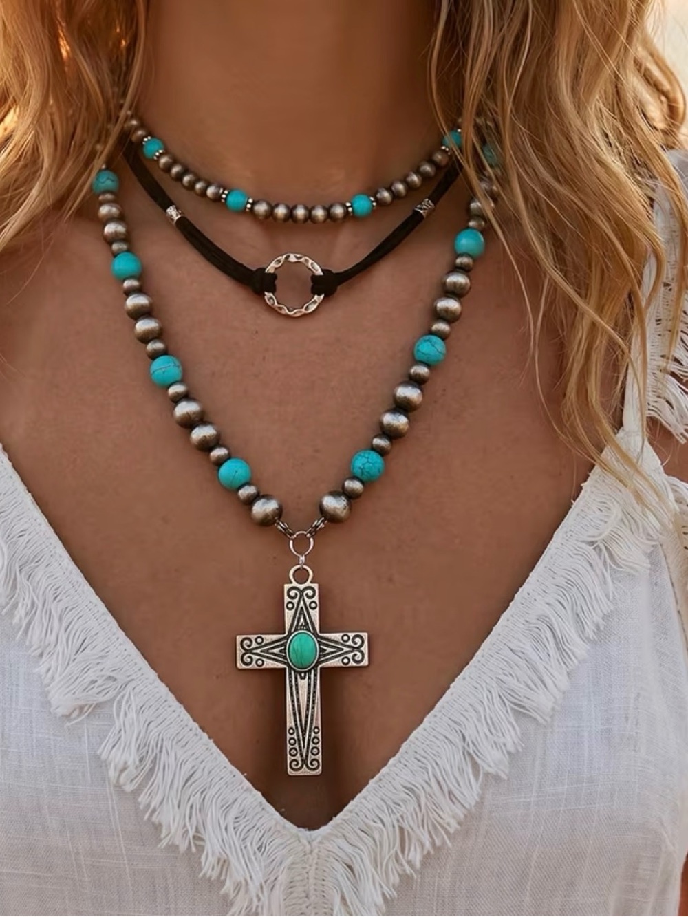 Turquoise Bead Cross Pendant 3 layered Necklace